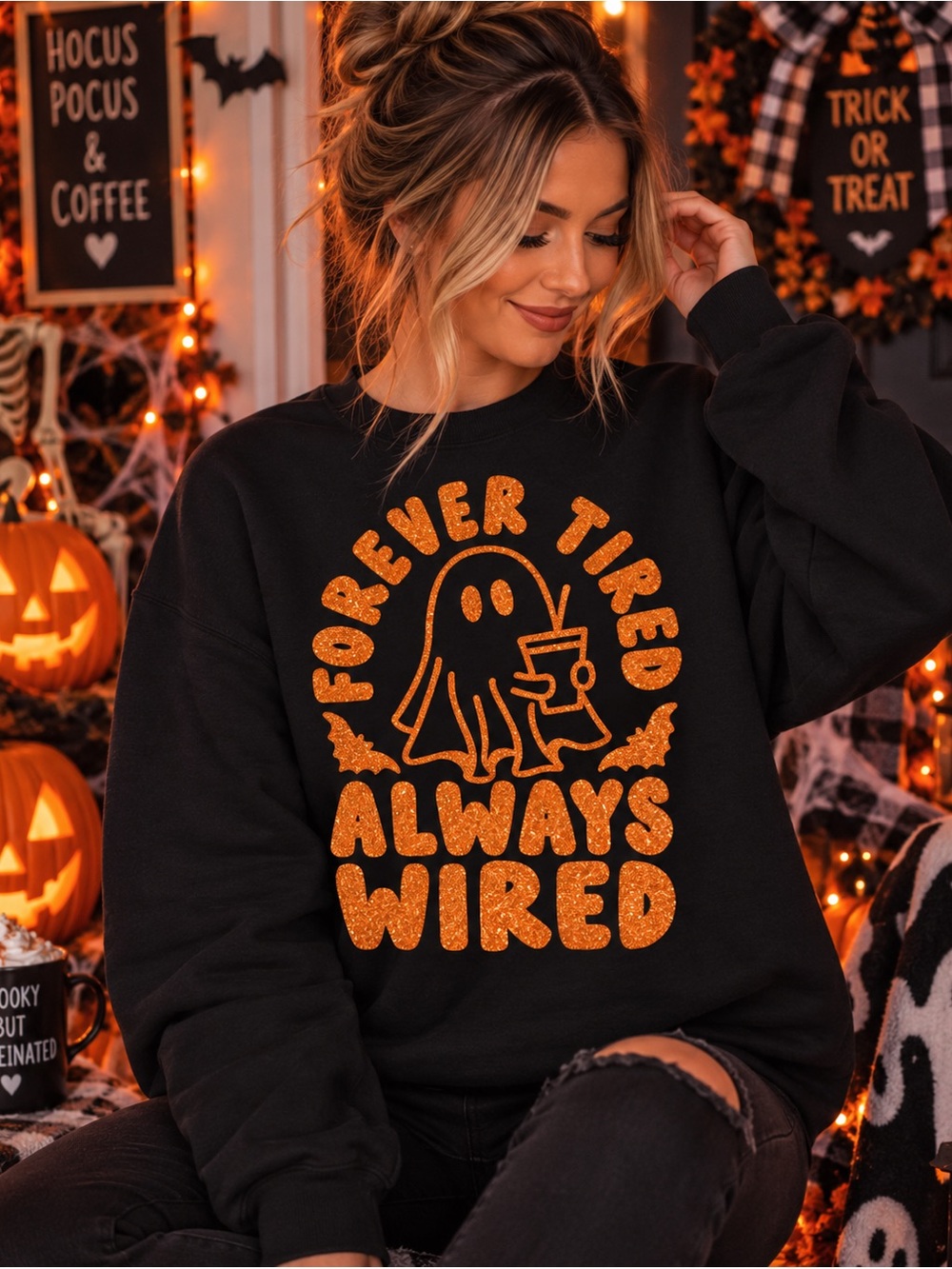 Black Halloween Graphic Sweatshirt - Forever Tired Always Wired
